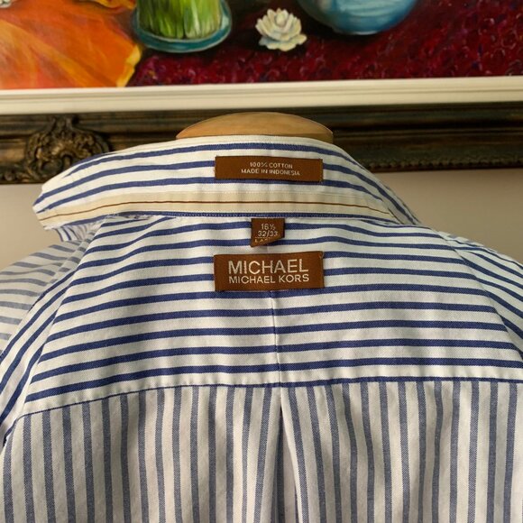 MICHAEL Michael Kors Men’s 16 1/2 Shirt Blue and White Stripes Button Down Long - Picture 7 of 9